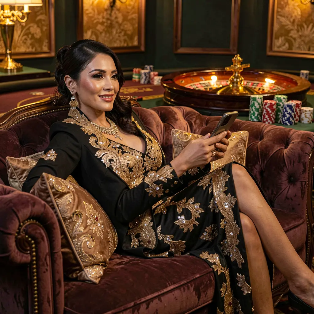 Stylish Malaysian woman relaxing on a sofa while using the JOM98 casino app with a glowing roulette wheel and casino chips behind her