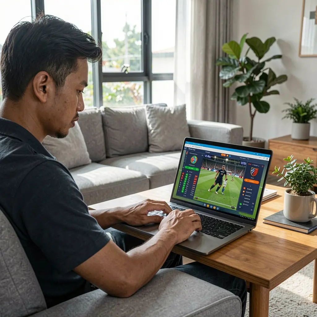 Malaysian sports betting enthusiast placing live football bets on a laptop with the JOM98 betting interface while watching a match at home