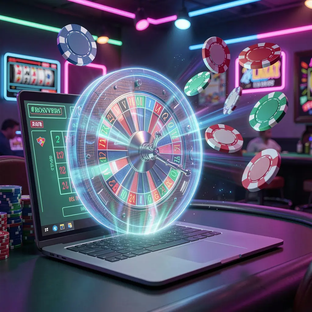 Futuristic roulette wheel with glowing numbers and floating chips showcasing the advanced casino interface of JOM98 for players in Malaysia