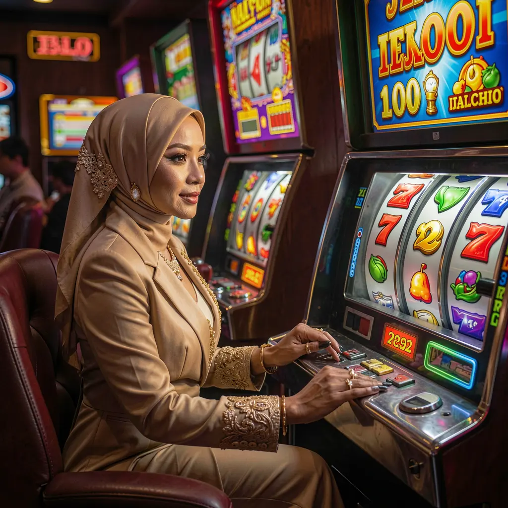 Stylish woman in traditional Malaysian attire enjoying vibrant slot machine gameplay at JOM98 casino with glowing lights and a premium atmosphere